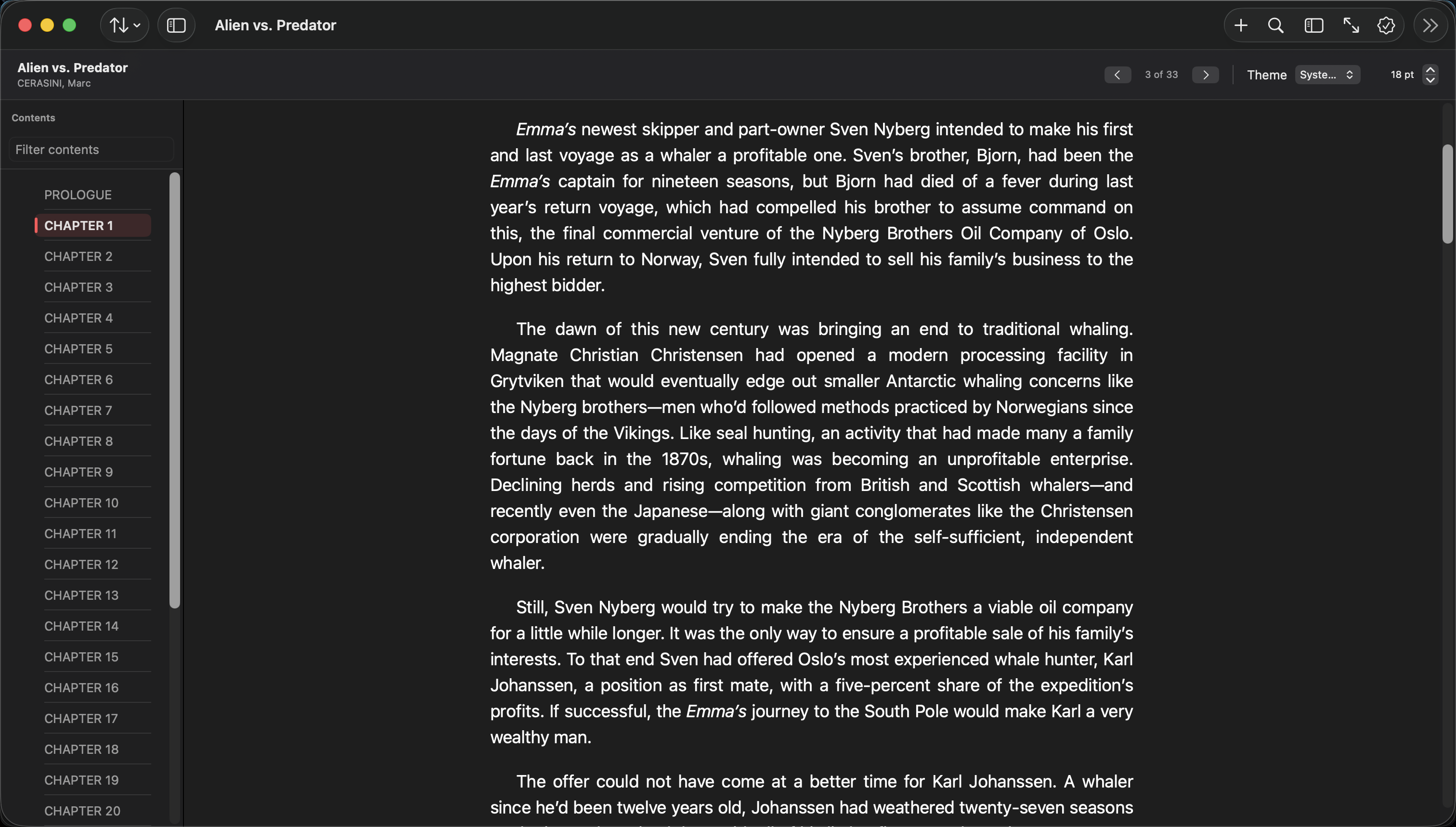 EpubTron showing a book's table of contents beside a focused reading view