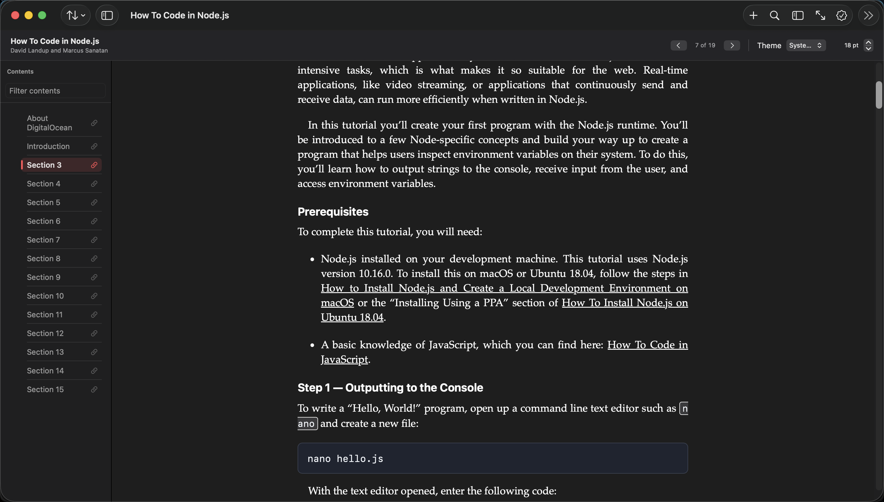 EpubTron displaying a Node.js technical book with navigation and a formatted code block